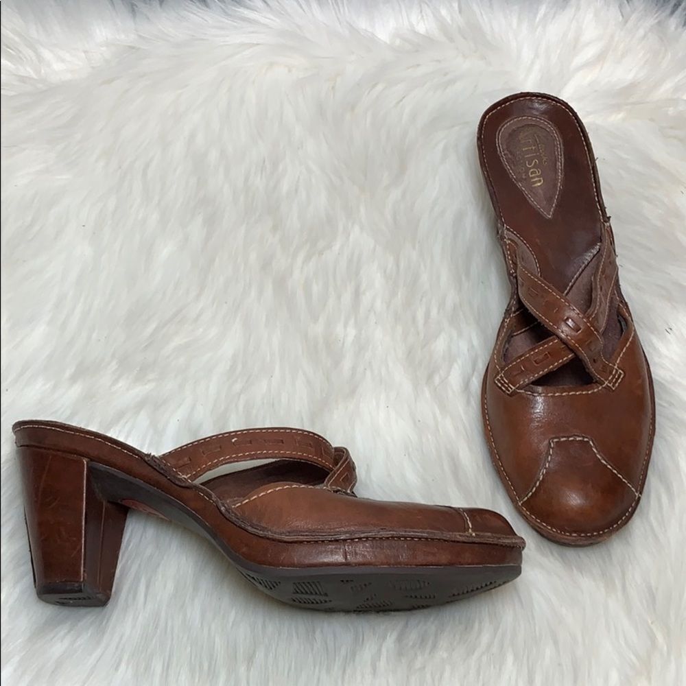 Clarks Brown Leather Open-Back Heeled Mules